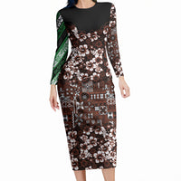 Burgundy Hawaiian Tapa Tribal Hibiscus Long Sleeve Bodycon Dress LT9 Long Dress Burgundy - Polynesian Pride