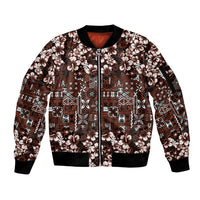 Burgundy Hawaiian Tapa Tribal Hibiscus Sleeve Zip Bomber Jacket