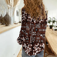 Burgundy Hawaiian Tapa Tribal Hibiscus Women Casual Shirt LT9 - Polynesian Pride