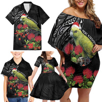 Meri Kirihimete Kakapo Family Matching Off Shoulder Short Dress and Hawaiian Shirt Black Silver Fern Christmas Vibe