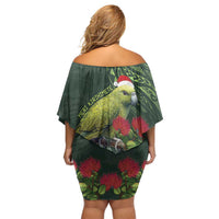 Meri Kirihimete Kakapo Off Shoulder Short Dress Green Silver Fern Christmas Vibe LT9 - Polynesian Pride