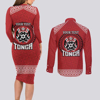 Tonga Rugby XIII Custom Couples Matching Long Sleeve Bodycon Dress and Long Sleeve Button Shirt Mate Ma'a Tonga with Ngatu Pattern