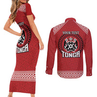 Tonga Rugby XIII Custom Couples Matching Short Sleeve Bodycon Dress and Long Sleeve Button Shirt Mate Ma'a Tonga with Ngatu Pattern