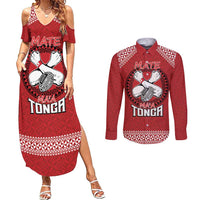 Tonga Rugby XIII Custom Couples Matching Summer Maxi Dress and Long Sleeve Button Shirt Mate Ma'a Tonga with Ngatu Pattern