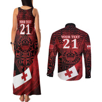Custom Tonga XIII Rugby Tribal Tattoo Couples Matching Tank Maxi Dress and Long Sleeve Button Shirt Mate Ma'a Tonga Kupesi Ngatu Grunge Style