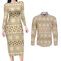 Pasifika Sataoa Pattern Simple Motif Couples Matching Long Sleeve Bodycon Dress and Long Sleeve Button Shirt Beige Tan LT9 Beige Tan - Polynesian Pride