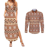 Pasifika Sataoa Pattern Simple Motif Couples Matching Summer Maxi Dress and Long Sleeve Button Shirt Brown Beige Tan LT9 Brown - Polynesian Pride