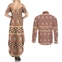 Pasifika Sataoa Pattern Simple Motif Couples Matching Summer Maxi Dress and Long Sleeve Button Shirt Brown Beige Tan LT9 - Polynesian Pride