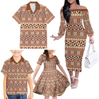 Pasifika Sataoa Pattern Simple Motif Family Matching Off Shoulder Long Sleeve Dress and Hawaiian Shirt Brown Beige Tan LT9 - Polynesian Pride
