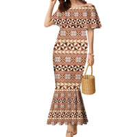 Pasifika Sataoa Pattern Simple Motif Mermaid Dress Brown Beige Tan LT9 Women Brown - Polynesian Pride