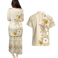 Pasifika Sataoa Pattern Plumeria Vintage Couples Matching Puletasi and Hawaiian Shirt Beige Tan LT9 - Polynesian Pride