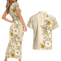 Pasifika Sataoa Pattern Plumeria Vintage Couples Matching Short Sleeve Bodycon Dress and Hawaiian Shirt Beige Tan LT9 - Polynesian Pride