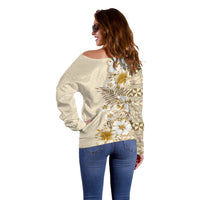 Pasifika Sataoa Pattern Plumeria Vintage Off Shoulder Sweater Beige Tan LT9 - Polynesian Pride