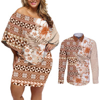 Pasifika Sataoa Pattern Plumeria Vintage Couples Matching Off Shoulder Short Dress and Long Sleeve Button Shirt Brown Beige Tan LT9 Brown - Polynesian Pride