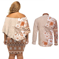 Pasifika Sataoa Pattern Plumeria Vintage Couples Matching Off Shoulder Short Dress and Long Sleeve Button Shirt Brown Beige Tan LT9 - Polynesian Pride