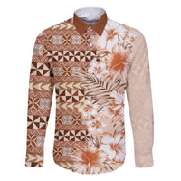Pasifika Sataoa Pattern Plumeria Vintage Family Matching Short Sleeve Bodycon Dress and Hawaiian Shirt Brown Beige Tan LT9 Dad's Shirt - Long Sleeve Brown - Polynesian Pride