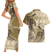 Vintage Hammerhead Shark Valentine Day Couples Matching Short Sleeve Bodycon Dress and Hawaiian Shirt Pasifika Sataoa Pattern - Beige Tan LT9 - Polynesian Pride