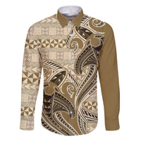 Vintage Hammerhead Shark Valentine Day Family Matching Off Shoulder Long Sleeve Dress and Hawaiian Shirt Pasifika Sataoa Pattern - Beige Tan LT9 Dad's Shirt - Long Sleeve Beige Tan - Polynesian Pride