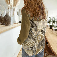 Vintage Hammerhead Shark Valentine Day Women Casual Shirt Pasifika Sataoa Pattern - Beige Tan LT9 - Polynesian Pride