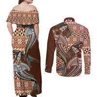 Vintage Hammerhead Shark Valentine Day Couples Matching Off Shoulder Maxi Dress and Long Sleeve Button Shirt Pasifika Sataoa Pattern - Brown Beige Tan LT9 - Polynesian Pride