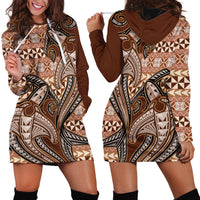 Vintage Hammerhead Shark Valentine Day Hoodie Dress Pasifika Sataoa Pattern - Brown Beige Tan LT9 - Polynesian Pride