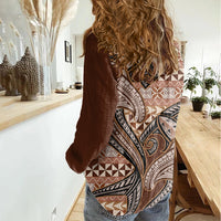 Vintage Hammerhead Shark Valentine Day Women Casual Shirt Pasifika Sataoa Pattern - Brown Beige Tan LT9 - Polynesian Pride