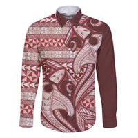 Vintage Hammerhead Shark Valentine Day Family Matching Off Shoulder Long Sleeve Dress and Hawaiian Shirt Pasifika Sataoa Pattern - Cherry LT9 Dad's Shirt - Long Sleeve Cherry - Polynesian Pride