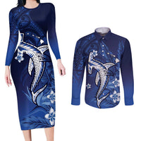 Personalized Hawaiian Maori Hammerhead Shark Couples Matching Long Sleeve Bodycon Dress and Long Sleeve Button Shirt Polu Plumeria LT9 Blue - Polynesian Pride