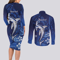 Personalized Hawaiian Maori Hammerhead Shark Couples Matching Long Sleeve Bodycon Dress and Long Sleeve Button Shirt Polu Plumeria LT9 - Polynesian Pride