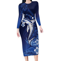 Personalized Hawaiian Maori Hammerhead Shark Long Sleeve Bodycon Dress Polu Plumeria LT9 Long Dress Blue - Polynesian Pride