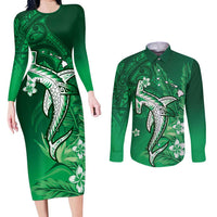 Personalized Hawaiian Maori Hammerhead Shark Couples Matching Long Sleeve Bodycon Dress and Long Sleeve Button Shirt Omaomao Plumeria LT9 Green - Polynesian Pride