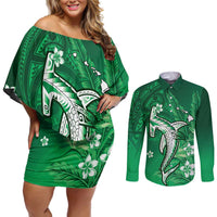 Personalized Hawaiian Maori Hammerhead Shark Couples Matching Off Shoulder Short Dress and Long Sleeve Button Shirt Omaomao Plumeria LT9 Green - Polynesian Pride