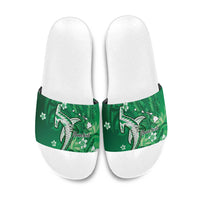 Personalized Hawaiian Maori Hammerhead Shark Slide Sandals Omaomao Plumeria LT9 Green - Polynesian Pride