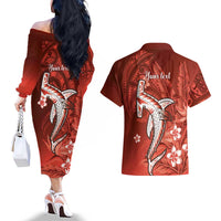 Personalized Hawaiian Maori Hammerhead Shark Couples Matching Off The Shoulder Long Sleeve Dress and Hawaiian Shirt Ulaula Plumeria - Polynesian Pride