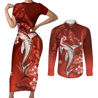 Personalized Hawaiian Maori Hammerhead Shark Couples Matching Short Sleeve Bodycon Dress and Long Sleeve Button Shirt Ulaula Plumeria LT9 Red - Polynesian Pride