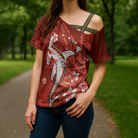 Personalized Hawaiian Maori Hammerhead Shark Cross Shoulder Shirt Ulaula Plumeria - Polynesian Pride