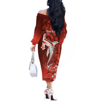 Personalized Hawaiian Maori Hammerhead Shark Off The Shoulder Long Sleeve Dress Ulaula Plumeria LT9 - Polynesian Pride