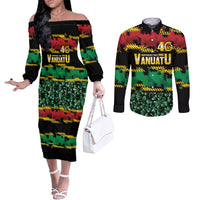 Vanuatu 46th Year Anniversary Couples Matching Off The Shoulder Long Sleeve Dress and Long Sleeve Button Shirt 30 July 1980 Hibiscus Seamless Pattern LT9 Black - Polynesian Pride