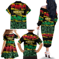 Vanuatu 46th Year Anniversary Family Matching Off The Shoulder Long Sleeve Dress and Hawaiian Shirt 30 July 1980 Hibiscus Seamless Pattern