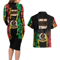 Vanuatu 46th Year Anniversary Couples Matching Long Sleeve Bodycon Dress and Hawaiian Shirt Tamtam Slit Drums Long God Yumi Stanap