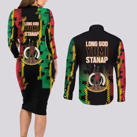 Vanuatu 46th Year Anniversary Couples Matching Long Sleeve Bodycon Dress and Long Sleeve Button Shirt Tamtam Slit Drums Long God Yumi Stanap