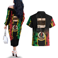 Vanuatu 46th Year Anniversary Couples Matching Off The Shoulder Long Sleeve Dress and Hawaiian Shirt Tamtam Slit Drums Long God Yumi Stanap
