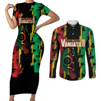 Vanuatu 46th Year Anniversary Couples Matching Short Sleeve Bodycon Dress and Long Sleeve Button Shirt Tamtam Slit Drums Long God Yumi Stanap