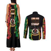 Vanuatu 46th Year Anniversary Couples Matching Tank Maxi Dress and Long Sleeve Button Shirt Tamtam Slit Drums Long God Yumi Stanap