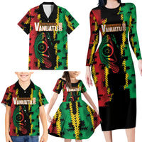 Vanuatu 46th Year Anniversary Family Matching Long Sleeve Bodycon Dress and Hawaiian Shirt Tamtam Slit Drums Long God Yumi Stanap