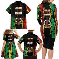 Vanuatu 46th Year Anniversary Family Matching Long Sleeve Bodycon Dress and Hawaiian Shirt Tamtam Slit Drums Long God Yumi Stanap