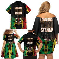 Vanuatu 46th Year Anniversary Family Matching Off Shoulder Short Dress and Hawaiian Shirt Tamtam Slit Drums Long God Yumi Stanap