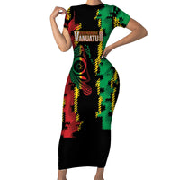 Vanuatu 46th Year Anniversary Short Sleeve Bodycon Dress Tamtam Slit Drums Long God Yumi Stanap LT9 Long Dress Black - Polynesian Pride