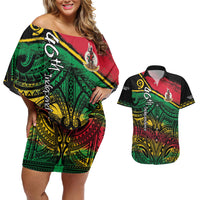 Vanuatu 46th Year Anniversary Couples Matching Off Shoulder Short Dress and Hawaiian Shirt Vintage Grunge Vanuatu Flag Heritage