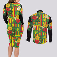 Hawaii Kanaka Maoli Hibiscus Couples Matching Long Sleeve Bodycon Dress and Long Sleeve Button Shirt Hawaiian Flag Motif LT9 - Polynesian Pride